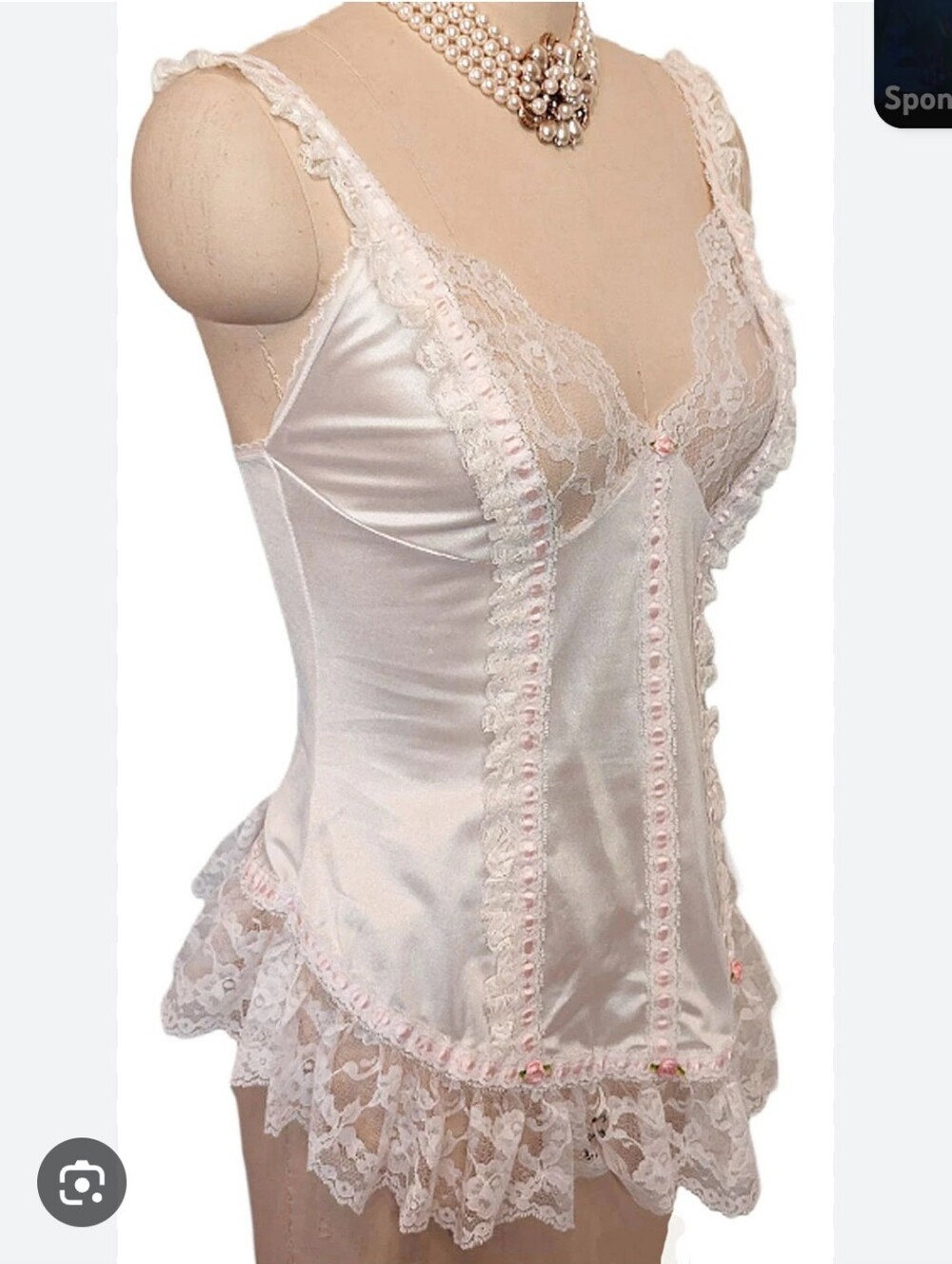 TOSCA Vintage Women's Cream Satin Lace Chemise with Pink Trim Lengerie M
